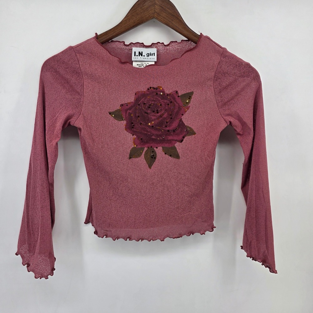 I.N. Girl Vintage Y2K Rose Sequin Mesh Top Kids Medium 8-10 Mauve Lettuce Trim